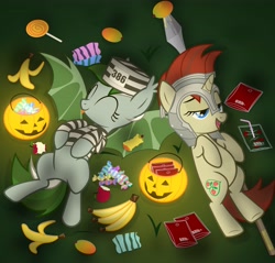 Size: 5000x4786 | Tagged: safe, artist:vito, oc, oc only, oc:nightlight, oc:rosewood, bat pony, pony, undead, vampire, vampony, :p, absurd resolution, apple, banana, banana peel, belly, blood, candy, clothes, costume, eyes closed, halloween, hat, helmet, lollipop, nightmare night, on back, open mouth, prison outfit, smiling, spread wings, tongue out, vector