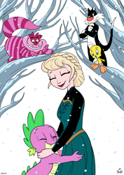 Size: 2480x3508 | Tagged: safe, artist:jowyb, spike, dragon, alice in wonderland, cheshire cat, commission, context is for the weak, crossover, elsa, frozen (movie), hug, looney tunes, snow, sylvester, tweety bird
