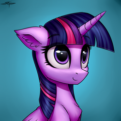 Size: 3000x3000 | Tagged: safe, artist:setharu, twilight sparkle, twilight sparkle (alicorn), alicorn, pony, bust, chest fluff, cute, ear fluff, eye reflection, female, floppy ears, looking up, mare, portrait, reflection, signature, simple background, smiling, solo, twiabetes