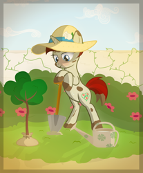 Size: 2068x2500 | Tagged: safe, artist:vito, oc, oc only, oc:rosewood, pony, unicorn, dirty, fangs, female, garden, hat, mare, rose, shovel, sweat, tree, vector, watering can