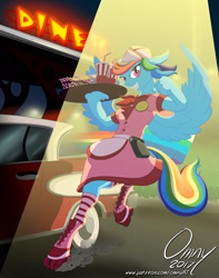 Size: 1200x1524 | Tagged: safe, artist:omny87, rainbow dash, anthro, unguligrade anthro, series:the serving six, 1950s, apron, burger, car, clothes, diner, diner dash, diner uniform, dress, food, french fries, rainbow dash always dresses in style, retro, roller skates, socks, soda, striped socks, waitress