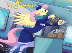 Size: 1200x880 | Tagged: safe, artist:omny87, fluttershy, anthro, unguligrade anthro, series:the serving six, airline, clothes, coffee, hat, plane, scarf, solo, stewardess, stockings, thigh highs, tripping, uniform