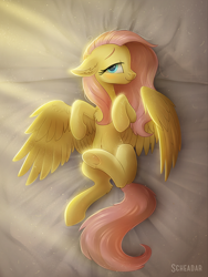 Size: 900x1200 | Tagged: safe, artist:scheadar, fluttershy, pegasus, pony, bed, bedroom eyes, belly button, blushing, chest fluff, cute, female, floppy ears, fluffy, looking at you, mare, morning, morning ponies, on back, on bed, shyabetes, solo, spread wings, underhoof, wings