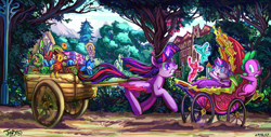 Size: 1684x854 | Tagged: safe, artist:jowyb, princess flurry heart, spike, twilight sparkle, twilight sparkle (alicorn), whammy, alicorn, dragon, pony, a flurry of emotions, apology stamp, baby carriage, cart, colored wingtips, magic, mountain, running, teddy bear, telekinesis, toy, tree