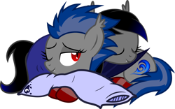 Size: 800x499 | Tagged: safe, artist:thefrostspark, artist:vito, oc, oc only, oc:frost bite, oc:nightwish, bat pony, pony, blanket, clothes, cuddling, eyes closed, implied princess luna, one eye closed, pillow, simple background, sleeping, snuggling, socks, transparent background, vector