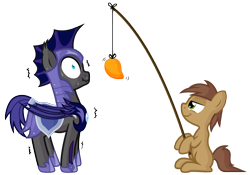 Size: 3569x2493 | Tagged: safe, artist:vito, oc, oc only, oc:au hasard, bat pony, pony, armor, colt, fishing rod, food, male, mango, night guard, pure unfiltered evil, royal guard, scrunchy face, simple background, slit eyes, smug, stallion, suspicious floating fruit, that batpony sure does love mangoes, weapon