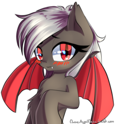 Size: 1850x2000 | Tagged: safe, artist:chaosangeldesu, oc, oc only, oc:dusty fang, bat pony, pony, bat pony oc, blushing, chest fluff, dissatisfied, fangs, red eyes, simple background, slit eyes, solo, transparent background