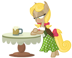 Size: 3098x2526 | Tagged: safe, artist:vito, oc, oc only, oc:edelweiss, bat pony, pony, alcohol, beer, blushing, clothes, costume, food, mug, skirt