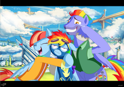 Size: 1287x908 | Tagged: safe, artist:jowyb, bow hothoof, rainbow dash, windy whistles, pegasus, pony, parental glideance, clothes, crying, hug, rainbow dash's parents, tears of joy, unamused, uniform, wonderbolts uniform