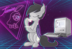 Size: 3671x2500 | Tagged: safe, artist:vito, oc, oc only, oc:jasmine, bat pony, pony, 80s, computer, food, macintosh (computer), solo, tea, vaporwave