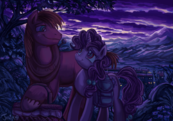 Size: 1167x819 | Tagged: safe, artist:jowyb, big macintosh, sugar belle, pony, hard to say anything, basket, female, male, saddle bag, shipping, straight, sugarmac