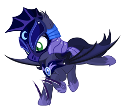 Size: 2756x2438 | Tagged: safe, artist:vito, oc, oc:halfmoon, bat pony, pony, armor, claws, commission, flying, helmet, hoof blades, landing, night guard, royal guard, simple background, solo, transparent background, weapon, wings