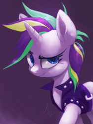 Size: 960x1280 | Tagged: safe, artist:raikoh, rarity, pony, unicorn, it isn't the mane thing about you, alternate hairstyle, cute, dreamworks face, female, grin, looking at you, mare, raribetes, raripunk, simple background, smiling, solo, that was fast