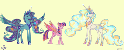 Size: 1858x754 | Tagged: safe, artist:jowyb, princess celestia, princess luna, twilight sparkle, twilight sparkle (alicorn), alicorn, pony, alicorn triarchy, constellation, curved horn, cutie mark, female, horn, jewelry, regalia, simple background, smiling, spread wings, trio, wings, yellow background