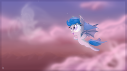 Size: 3840x2160 | Tagged: safe, artist:vito, oc, oc only, oc:fairylights, bat pony, ghost, pony, cloud, flying, solo, wallpaper