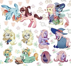 Size: 1200x1115 | Tagged: safe, artist:foresterrr, earth pony, pegasus, pony, unicorn, akko kagari, amanda o'neill, boop, clothes, constanze amalie von braunschbank-albrechtsberger, crossover, cute, diana cavendish, female, filly, flying, heart, jasminka antonenko, little witch academia, lotte yanson, lying down, mare, ponified, scrunchy face, sucy manbavaran, upside down