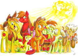 Size: 1024x738 | Tagged: safe, artist:jowyb, apple bloom, applejack, big macintosh, braeburn, bright mac, goldie delicious, granny smith, pear butter, cat, earth pony, pony, apple, apple family, apple siblings, apple sisters, brother and sister, cousins, cowboy hat, eyes closed, female, filly, food, freckles, fruit, grandmother and grandchild, grandmother and granddaughter, grandmother and grandson, hat, male, mare, one eye closed, open mouth, siblings, sisters, sitting, stallion, stetson, wink