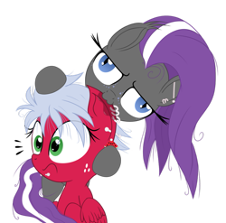 Size: 899x889 | Tagged: safe, artist:vito, oc, oc only, oc:melon frost, oc:splash, bat pony, pegasus, pony, biting, drool, ear bite, ear fluff, ear piercing, freckles, lip piercing, nom, piercing, simple background, transparent background