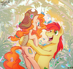 Size: 659x619 | Tagged: safe, artist:jowyb, bright mac, pear butter, earth pony, pony, accessory swap, brightabetes, brightbutter, couple, cowboy hat, cute, daaaaaaaaaaaw, female, flower, flower in hair, happy, hat, male, mare, pearabetes, shipping, signature, stallion, straight, tree