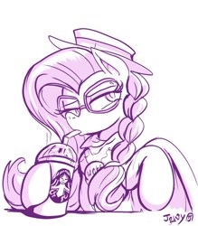 Size: 698x798 | Tagged: safe, artist:jowyb, fluttershy, pegasus, pony, fake it 'til you make it, alternate hairstyle, clothes, drinking, female, glasses, hat, hipstershy, mare, monochrome, simple background, solo, starbucks, straw, white background, woke