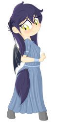 Size: 1300x2789 | Tagged: safe, artist:vito, oc, oc only, oc:nettle, bat pony, satyr, blushing, clothes, dress, female, looking at you, looking back, looking back at you, mare, simple background, smiling, solo, transparent background