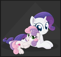 Size: 2500x2321 | Tagged: safe, artist:vito, rarity, sweetie belle, pony, unicorn, abstract background, belly button, cheek fluff, cute, cutie mark, diasweetes, duo, female, filly, floppy ears, happy, leaning, mare, prone, raribetes, sisters, smiling, the cmc's cutie marks, underhoof