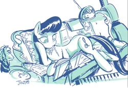 Size: 1019x696 | Tagged: safe, artist:jowyb, octavia melody, earth pony, pony, book, cup, female, mare, monochrome, pen, sofa, solo, teacup