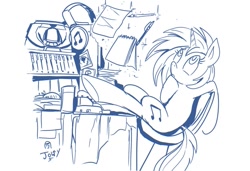 Size: 1019x696 | Tagged: safe, artist:jowyb, dj pon-3, vinyl scratch, pony, unicorn, female, glass, headphones, lineart, mare, monochrome, notebook, pen, solo, thinking