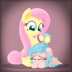 Size: 2500x2500 | Tagged: safe, artist:vito, cozy glow, fluttershy, pegasus, pony, /mlp/, 4chan, a better ending for cozy, alternate hairstyle, brush, brushie, brushing, cozybetes, cozylove, cute, drawthread, female, filly, foal, gradient background, mare, messy mane, wavy mouth