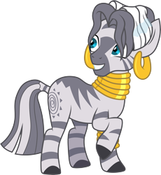 Size: 3001x3258 | Tagged: safe, artist:cloudyglow, zecora, zebra, a health of information, bracelet, ear piercing, earring, female, jewelry, neck rings, piercing, quadrupedal, raised hoof, simple background, smiling, solo, transparent background, vector, wet mane