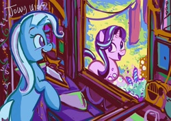 Size: 3508x2480 | Tagged: safe, artist:jowyb, starlight glimmer, trixie, pony, unicorn, cute, diatrixes, looking at each other, trixie's wagon, wagon, window, wip