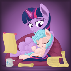 Size: 2500x2500 | Tagged: safe, artist:vito, cozy glow, twilight sparkle, twilight sparkle (alicorn), alicorn, pegasus, pony, /mlp/, 4chan, a better ending for cozy, alternate hairstyle, cheek fluff, cozy, cozybetes, cozylove, cute, drawthread, drool, female, filly, foal, mama twilight, mare, redemption, scroll, sleeping