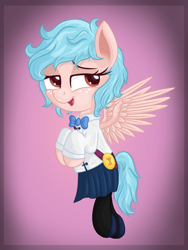 Size: 984x1309 | Tagged: safe, artist:vito, cozy glow, pegasus, pony, /mlp/, 4chan, a better ending for cozy, alternate hairstyle, bowtie, clothes, cozybetes, cute, drawthread, female, filly, flying, foal, freckles, good end, pantyhose, shirt, shoes, skirt, solo