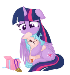 Size: 2350x2516 | Tagged: safe, artist:vito, cozy glow, twilight sparkle, twilight sparkle (alicorn), alicorn, pegasus, pony, a better ending for cozy, alternate hairstyle, cozybetes, cozylove, crying, cute, hug, hugging a pony, present, simple background, transparent background