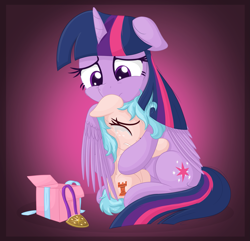 Size: 1903x1832 | Tagged: safe, artist:vito, cozy glow, twilight sparkle, twilight sparkle (alicorn), alicorn, pegasus, pony, a better ending for cozy, alternate hairstyle, cozybetes, cozylove, crying, cute, hug, hugging a pony, mama twilight, present, tearjerker