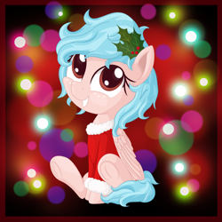 Size: 2500x2500 | Tagged: safe, alternate version, artist:vito, cozy glow, pegasus, pony, a better ending for cozy, alternate hairstyle, christmas, christmas outfit, cozybetes, cozylove, cute, frog (hoof), happy, hearth's warming eve, holiday, holly, simple background, smiling, underhoof