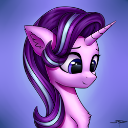 Size: 3000x3000 | Tagged: safe, artist:setharu, starlight glimmer, pony, unicorn, bust, chest fluff, commission, cute, ear fluff, female, glimmerbetes, looking down, mare, signature, smiling, solo