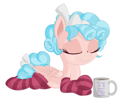 Size: 2500x2053 | Tagged: safe, alternate version, artist:vito, cozy glow, pegasus, pony, clothes, cozybetes, cozylove, cute, eyes closed, female, filly, foal, mug, prone, ribbon, simple background, socks, solo, striped socks, transparent background