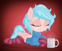 Size: 2500x2053 | Tagged: safe, alternate version, artist:vito, cozy glow, pegasus, pony, a better ending for cozy, alternate hairstyle, clothes, cozybetes, cozylove, cute, female, filly, foal, jacket, mug, socks, solo, striped socks