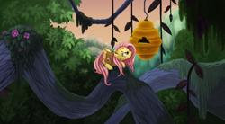 Size: 1959x1079 | Tagged: safe, artist:taneysha, fluttershy, pegasus, pony, a health of information, bag, beehive, female, mare, saddle bag, scene interpretation, sick, solo, swamp fever, that was fast