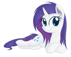 Size: 2295x1839 | Tagged: safe, alternate version, artist:vito, rarity, pony, unicorn, alternate hairstyle, chest fluff, cute, female, looking at you, mare, messy mane, prone, raribetes, simple background, smiling, solo, transparent background