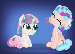 Size: 2615x1883 | Tagged: safe, alternate version, artist:vito, cozy glow, sweetie belle, pegasus, pony, unicorn, a better ending for cozy, brush, brushie, chest fluff, cozybetes, cozylove, curls, curly hair, curly mane, cute, diasweetes, duo, female, filly, foal, freckles, glowing horn, hair curlers, horn, lip bite, magic, smiling, telekinesis, wings