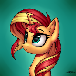 Size: 3000x3000 | Tagged: safe, artist:setharu, sunset shimmer, pony, unicorn, bust, chest fluff, commission, cute, ear fluff, eyebrows, female, gradient background, looking up, mare, shimmerbetes, signature, smiling, solo