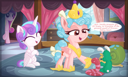 Size: 2500x1515 | Tagged: safe, alternate version, artist:vito, cozy glow, princess cadance, princess flurry heart, whammy, alicorn, pegasus, pony, /mlp/, 4chan, a better ending for cozy, accessory theft, amused, belly button, cheek fluff, clothes, cozybetes, cozylove, crown, cute, cutedance, dialogue, eyes closed, female, filly, flurrybetes, foal, folded wings, grin, jewelry, lidded eyes, necklace, open mouth, plushie, regalia, shoes, sitting, smiling, speech bubble, standing, toy, wings