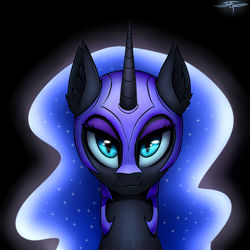 Size: 3000x3000 | Tagged: safe, artist:setharu, nightmare moon, alicorn, pony, bust, ear fluff, fangs, female, helmet, lidded eyes, looking at you, mare, signature, smiling, smirk, solo