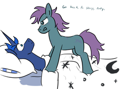 Size: 1280x935 | Tagged: safe, artist:jargon scott, prince artemis, princess luna, oc, oc:grittyguts, alicorn, pony, bed, dialogue, rule 63