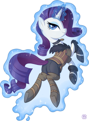 Size: 733x1000 | Tagged: safe, artist:stasysolitude, rarity, pony, unicorn, clothes, costume, female, mare, smiling, solo, the witcher, traditional art, yennefer of vengerberg