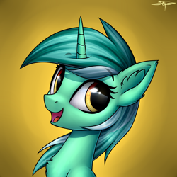 Size: 3000x3000 | Tagged: safe, artist:setharu, lyra heartstrings, pony, unicorn, bust, chest fluff, ear fluff, eyebrows, female, gradient background, mare, open mouth, portrait, signature, smiling, solo