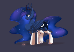 Size: 2476x1744 | Tagged: safe, artist:nightskrill, princess luna, alicorn, pony, clothes, crown, cute, ear fluff, female, galaxy mane, impossibly large ears, jewelry, looking back, lunabetes, mare, moonbutt, neck fluff, plot, regalia, simple background, socks, solo, stockings, thigh highs