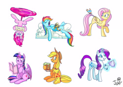 Size: 3508x2480 | Tagged: safe, artist:jowyb, applejack, daring do, fluttershy, pinkie pie, rainbow dash, rarity, twilight sparkle, twilight sparkle (alicorn), alicorn, butterfly, earth pony, pegasus, pony, unicorn, cider, cloud, female, glowing horn, levitation, lying on a cloud, magic, magic aura, mane six, mare, paper, pen, pinkiecopter, plushie, simple background, tankard, telekinesis, tongue out, upside down, white background
